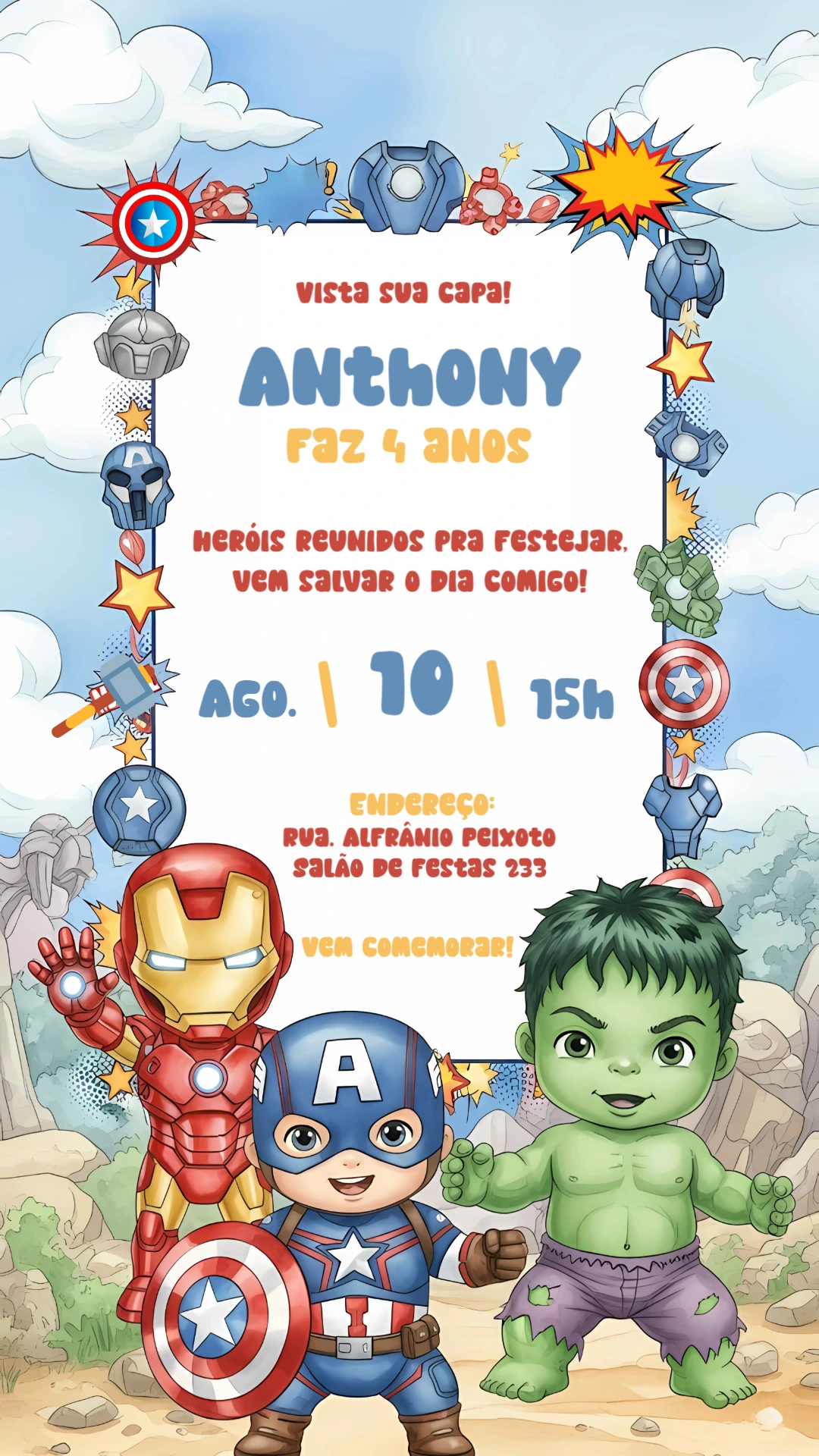 Convite Aniversário Super Heróis Baby para Editar Online