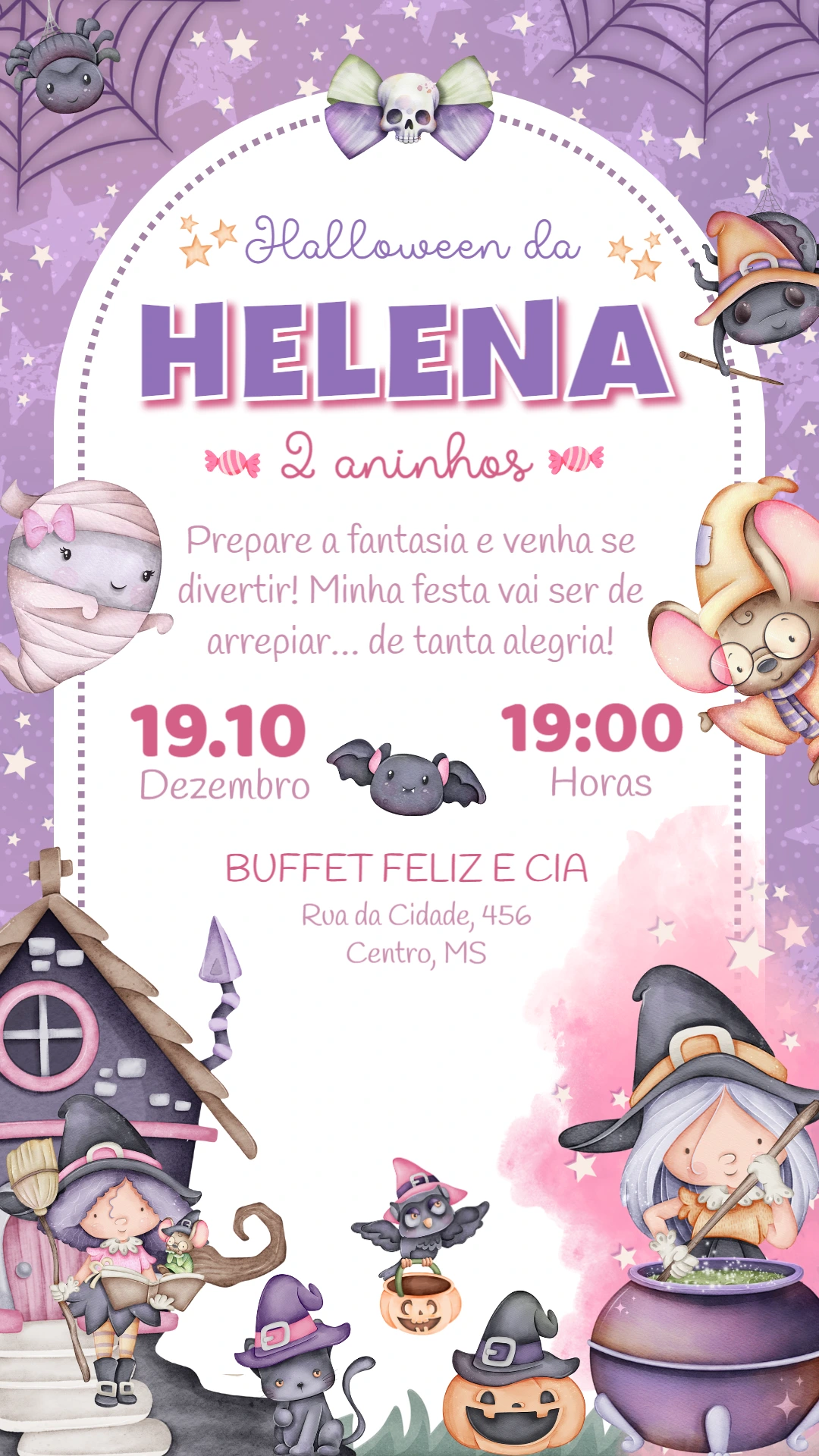 Convite de Aniversário Halloween com Bruxinhas para Editar Online