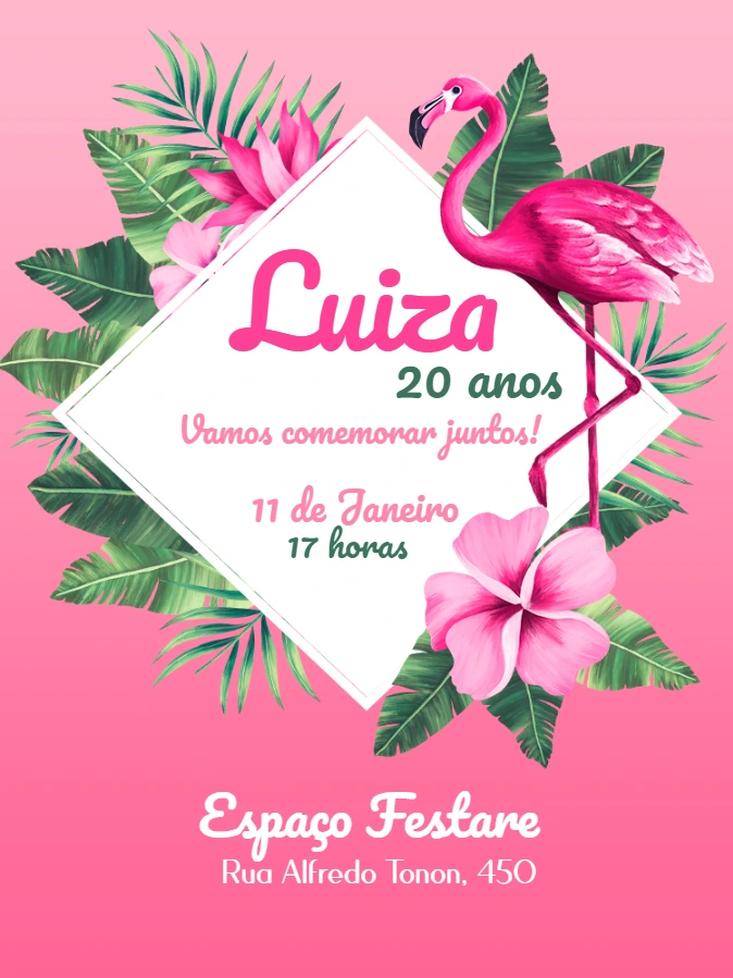 Convite de Aniversário Flamingo Tropical para Editar Online