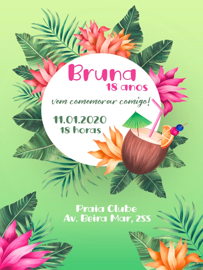 Convite de Aniversário Tropical com Folhagens para Editar