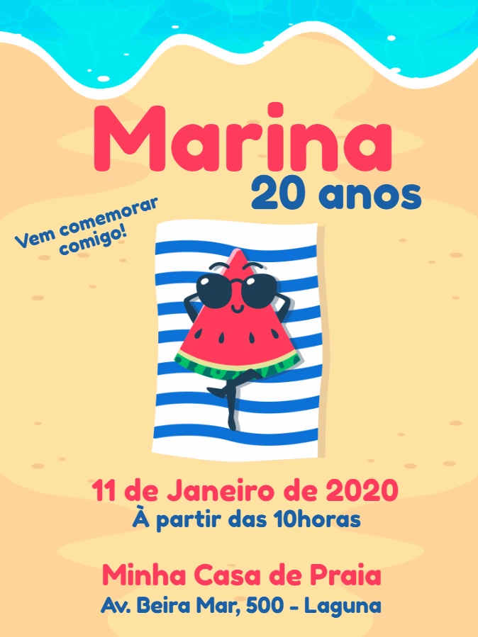Convite de Aniversário Praia e Melancia para Editar Online