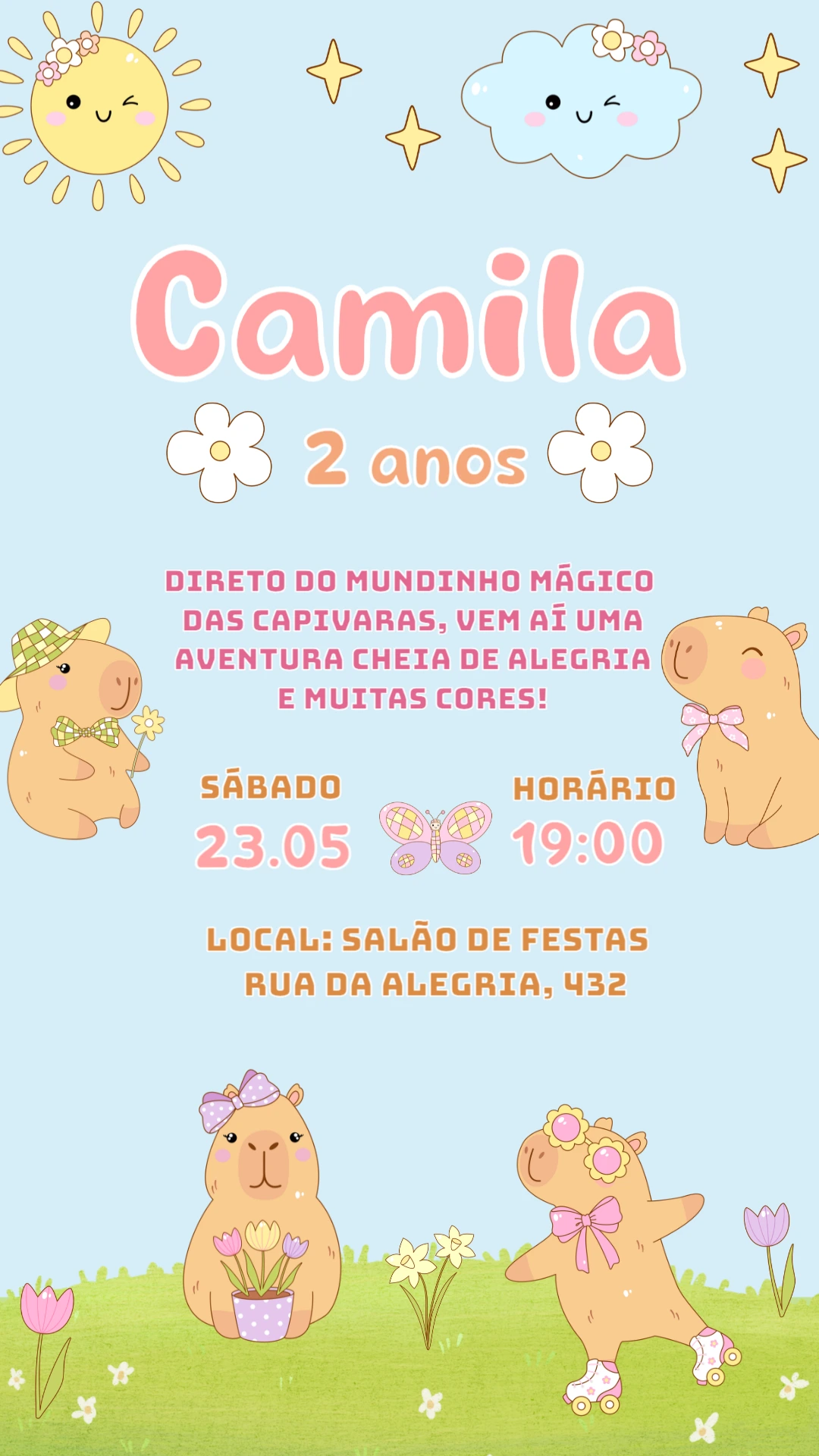 Convite de Aniversário Capivara Fofa para Editar Online