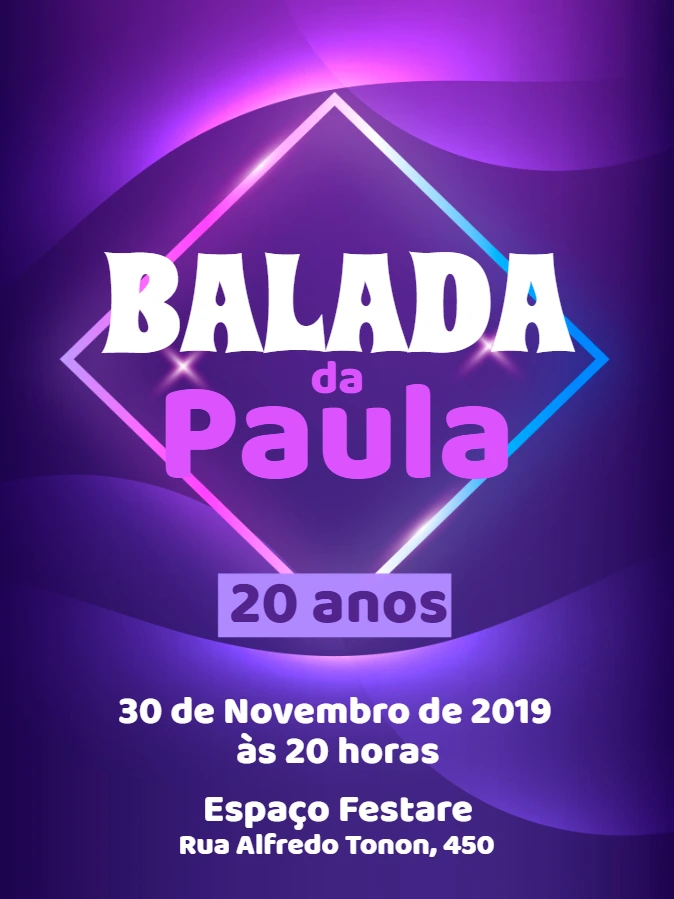 Convite de Aniversário Balada Neon Roxo para Editar Online