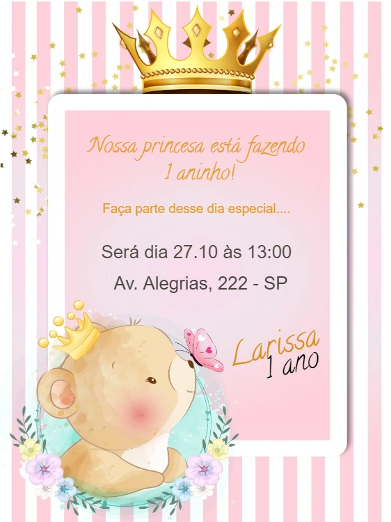 Convite de Aniversário Ursinha Princesa para Editar Online