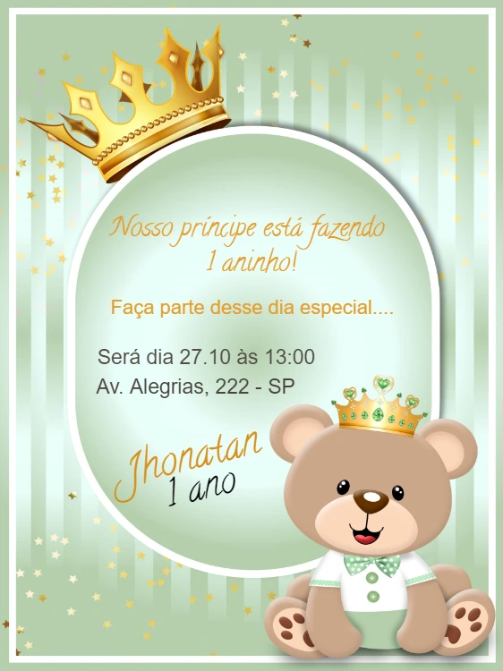 Convite Aniversário Urso Príncipe para Editar Online