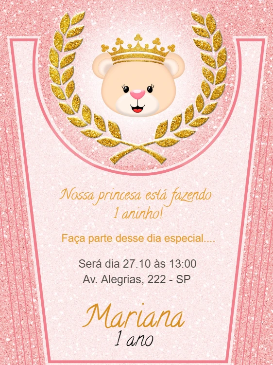 Convite de Aniversário Ursinha Princesa para Editar Online