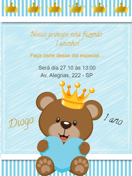Convite de Aniversário Ursinho Príncipe Editável Online