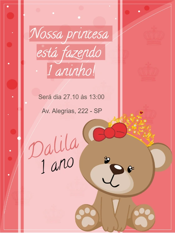 Convite de Aniversário Ursinha Princesa para Editar Online