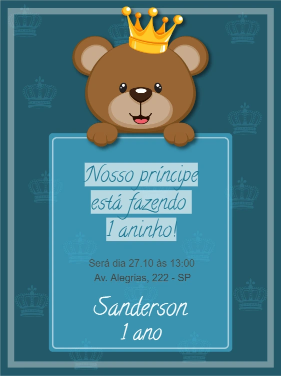 Convite de Aniversário Urso Príncipe para Editar Online