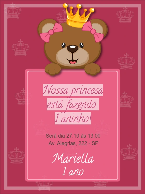 Convite Aniversário Ursinha Princesa para Editar Online