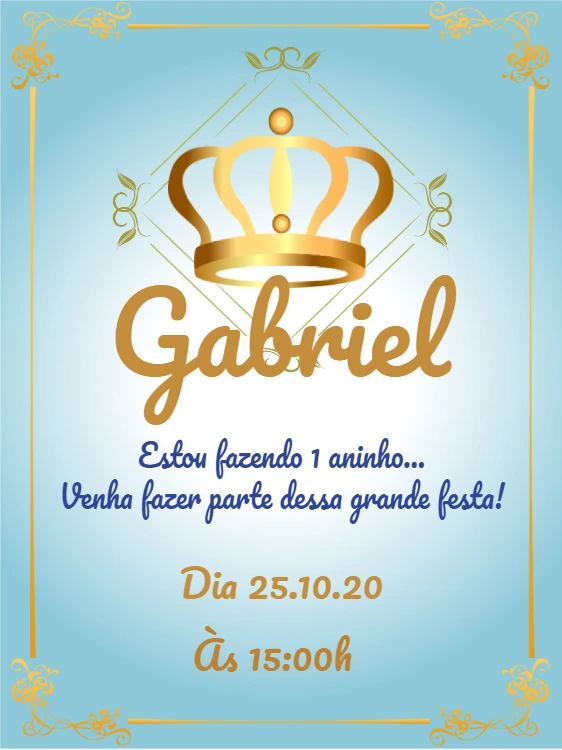 Convite de Aniversário Príncipe Coroa Dourada para Editar