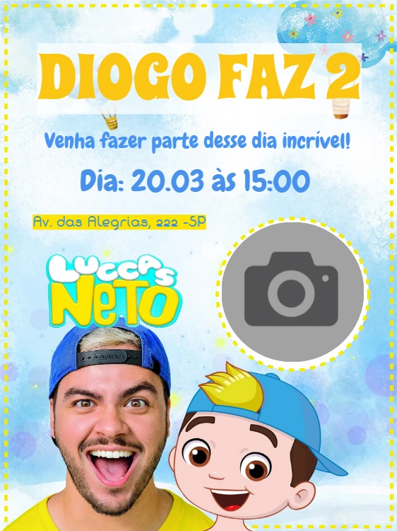 Convite de Aniversário Luccas Neto com Foto para Editar Online