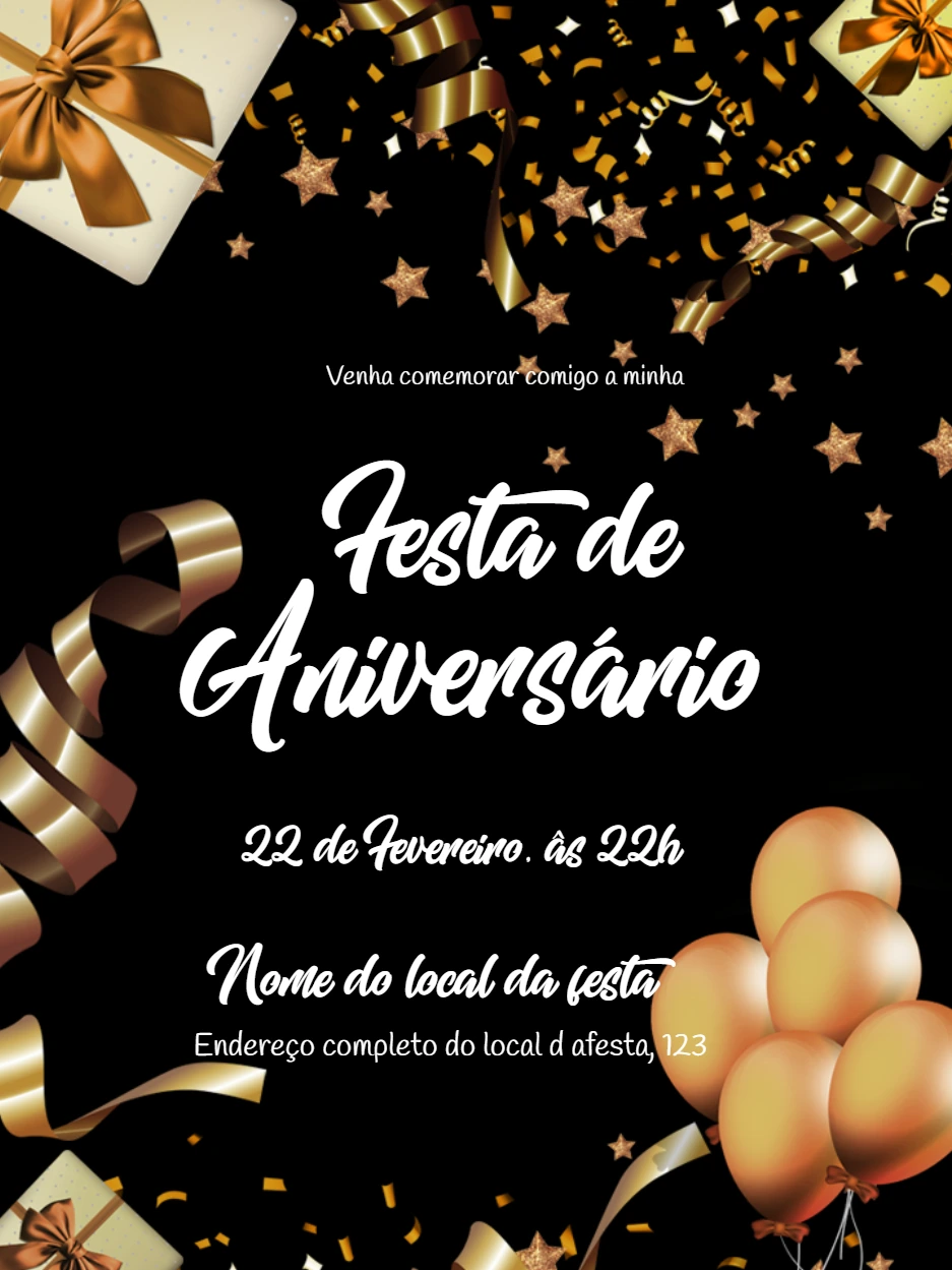 Convite de Aniversário Elegante Preto e Dourado para Editar