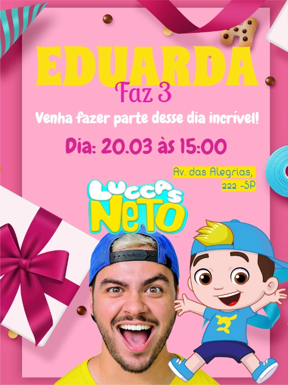 Convite de Aniversário Luccas Neto Rosa para Editar Online