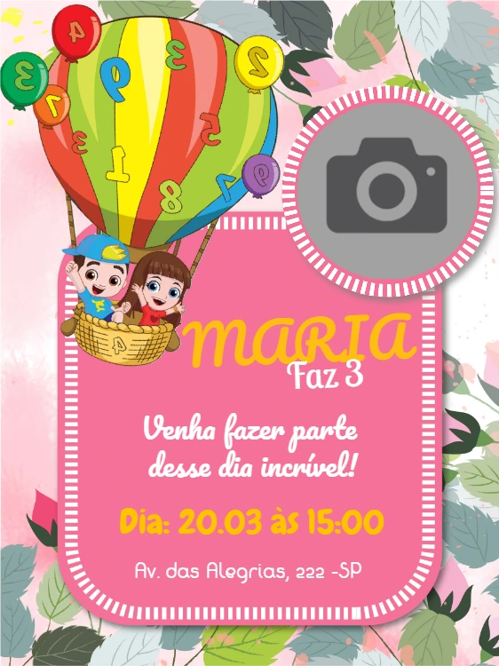 Convite de Aniversário Balão de Ar Quente com Foto Editável
