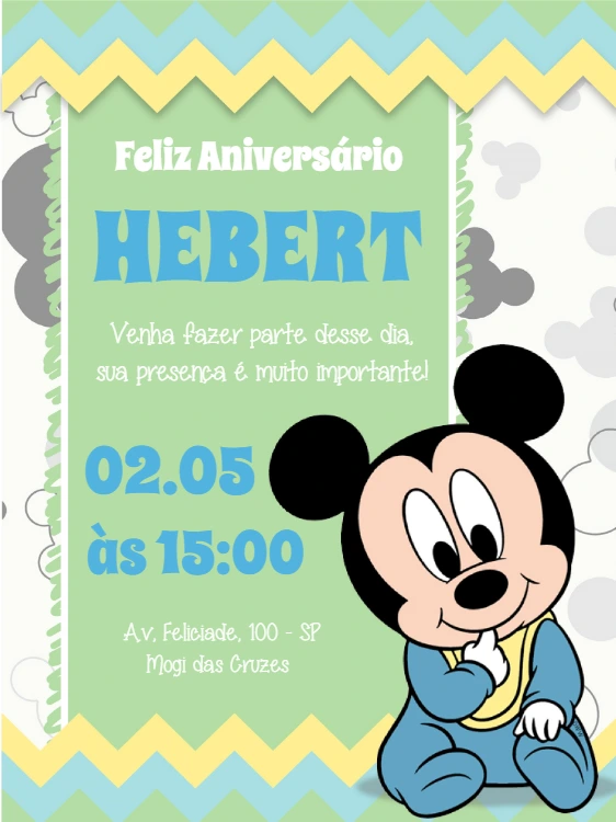 Convite Aniversário Mickey Baby para Editar Online