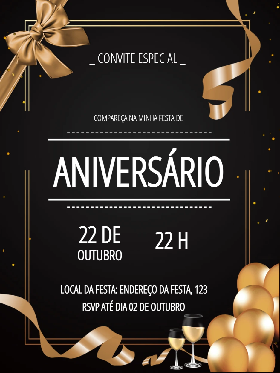 Convite de Aniversário Elegante Preto e Dourado para Editar