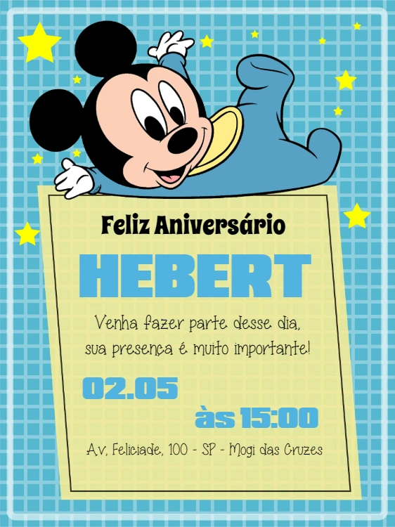 Convite de Aniversário Mickey Baby para Editar Online Grátis