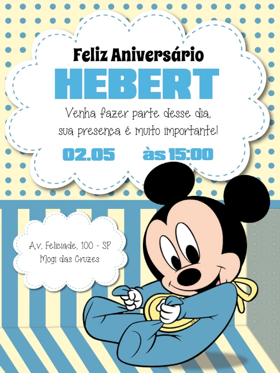 Convite Aniversário Mickey Baby para Editar Online