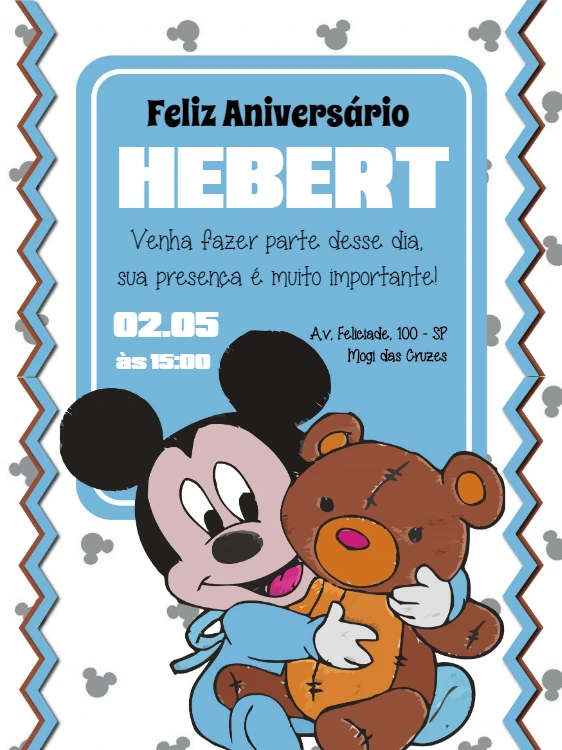 Convite de Aniversário Mickey Baby com Ursinho para Editar