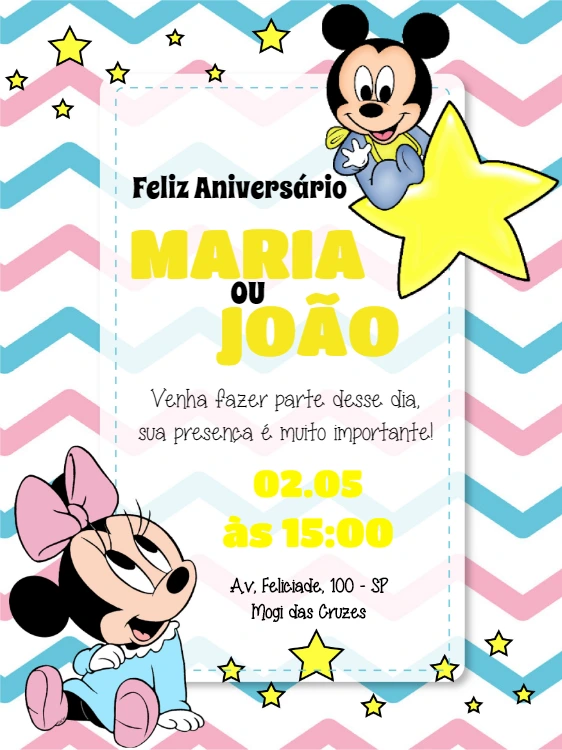Convite de Aniversário Mickey e Minnie Baby para Editar Online