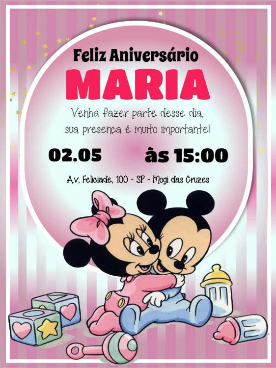 Convite Aniversário Mickey e Minnie Baby para Editar Online