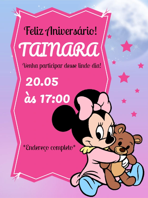 Convite de Aniversário Minnie Baby Fofa para Editar Online