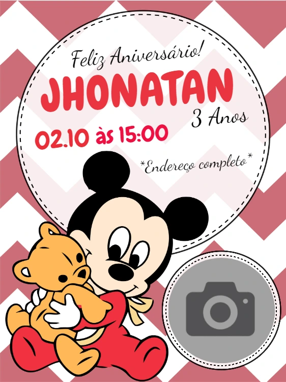 Convite Aniversário Mickey Baby com Foto para Editar Online