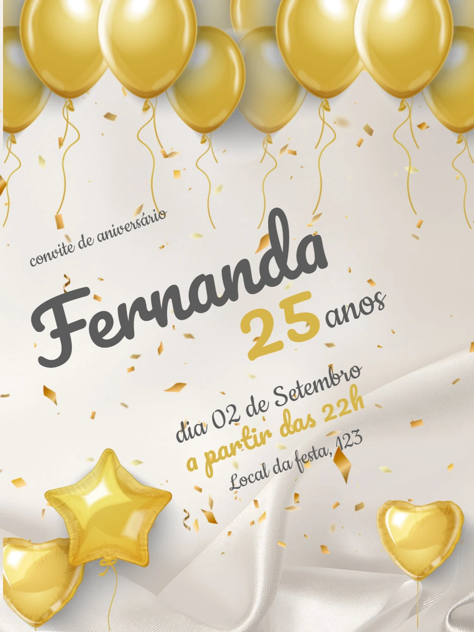 Convite de Aniversário com Balões Dourados para Editar Online