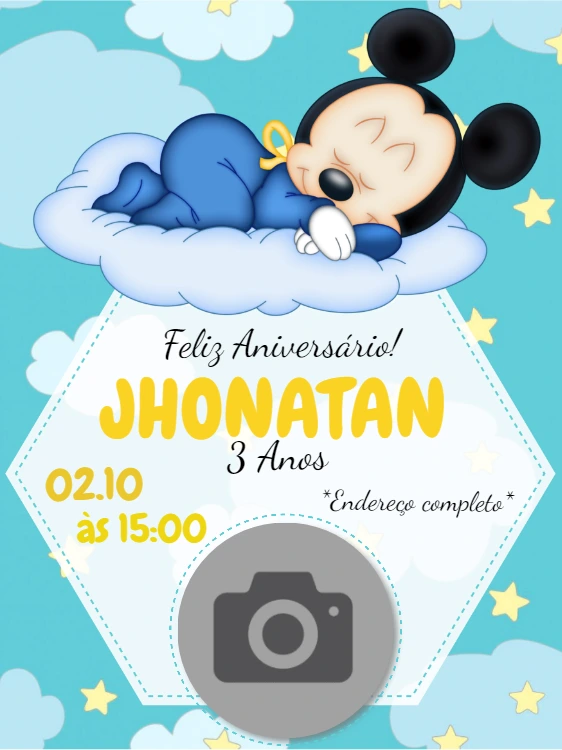 Convite Aniversário Mickey Baby com Foto para Editar Online