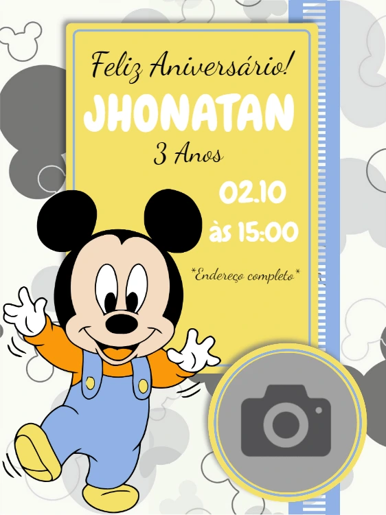 Convite Aniversário Mickey Baby com Foto para Editar Online