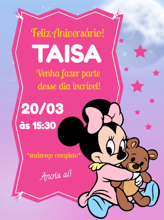 Convite Aniversário Minnie Baby para Editar Online