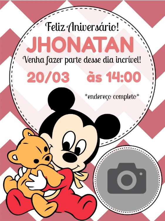 Convite Aniversário Mickey Baby com Foto para Editar Online