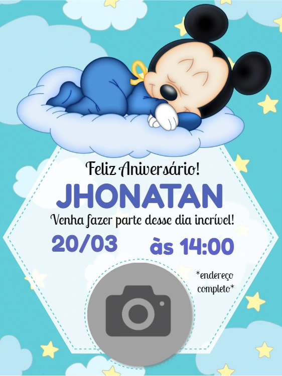 Convite Aniversário Mickey Baby com Foto para Editar Online