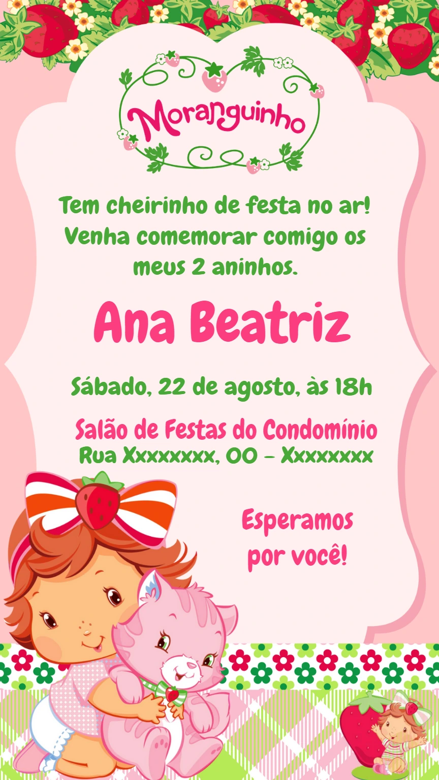 Convite de Aniversário Moranguinho Baby para Editar Online