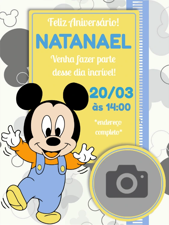 Convite Aniversário Mickey Baby com Foto para Editar Online