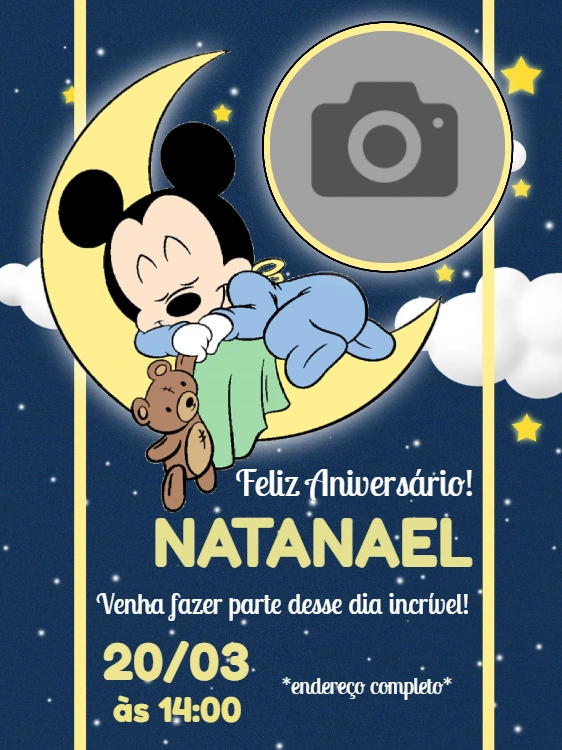 Convite Aniversário Mickey Baby com Foto para Editar Online