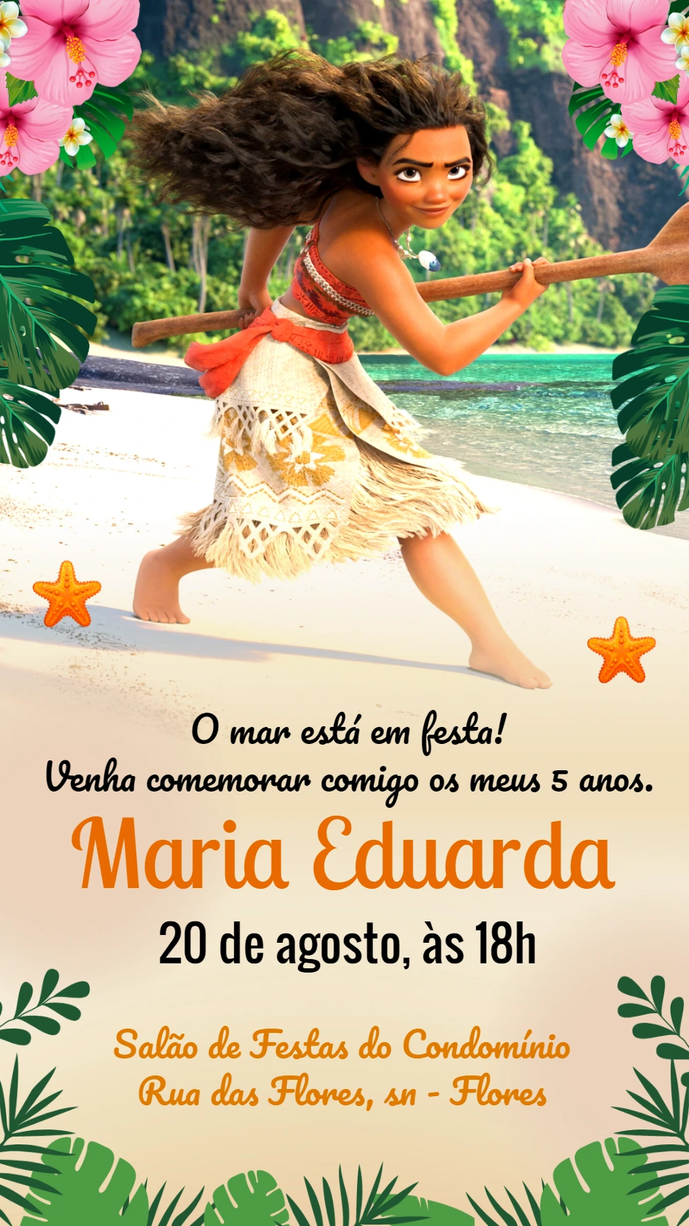 Convite de Aniversário Moana para Editar e Imprimir Online