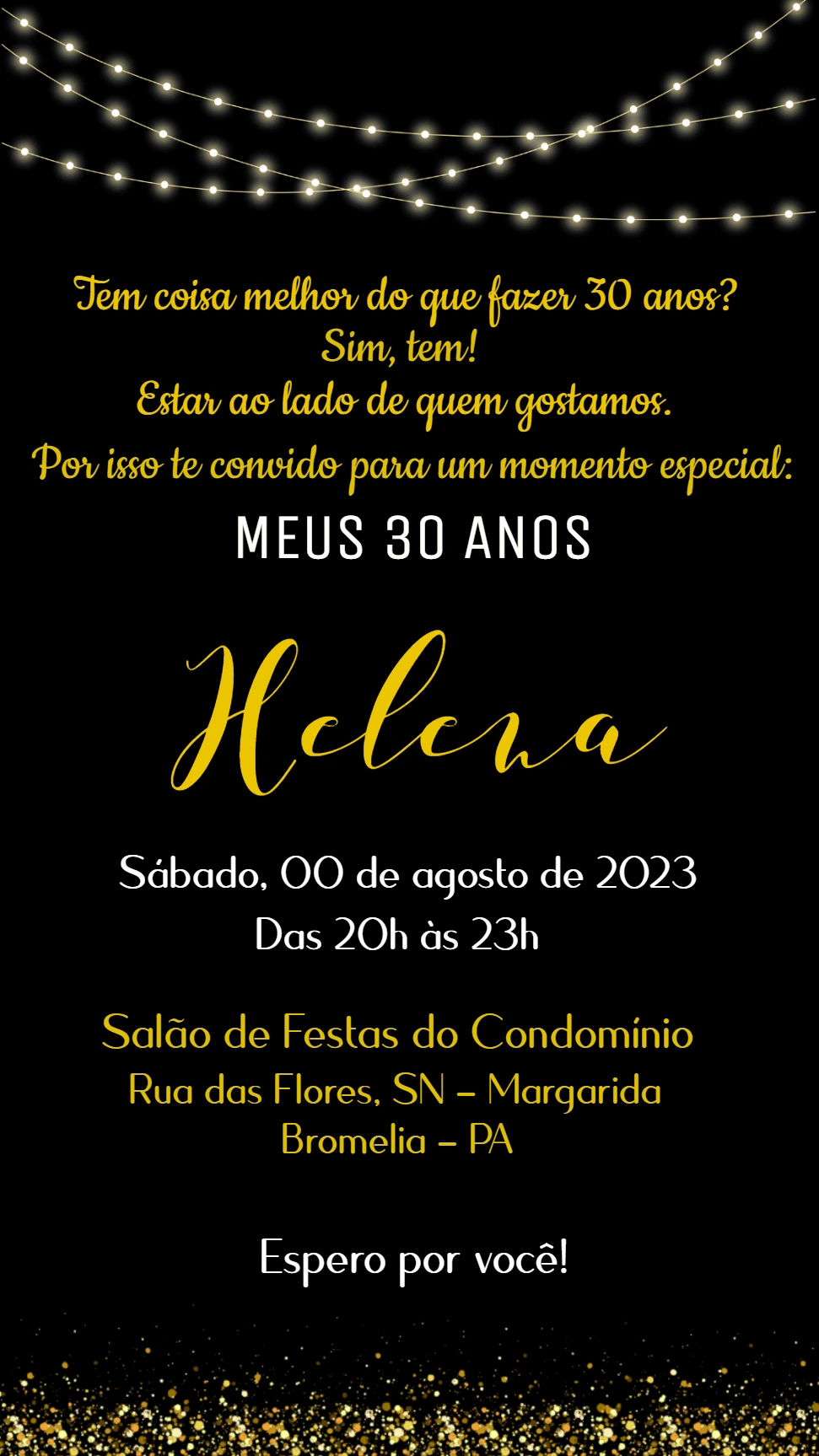 Convite de 30 Anos com Glitter Dourado para Editar Online