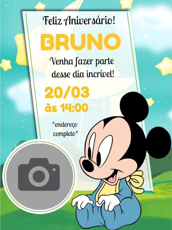 Convite Aniversário Mickey Baby com Foto para Editar Online
