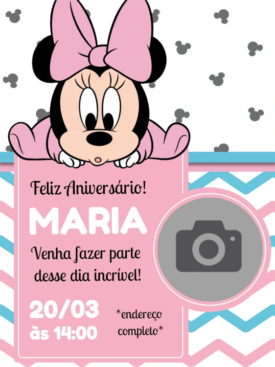 Convite Aniversário Minnie Baby com Foto para Editar Online