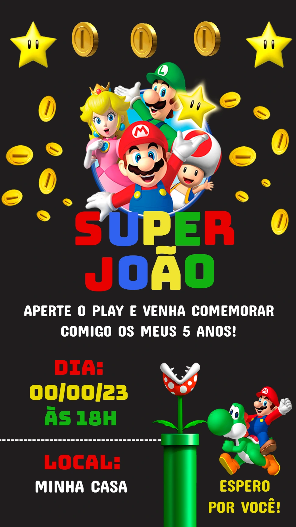 Convite de Aniversário Super Mario com Personagens para Editar