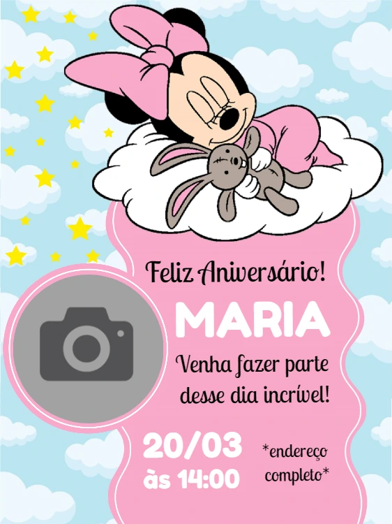 Convite de Aniversário Minnie Baby com Foto para Editar Online