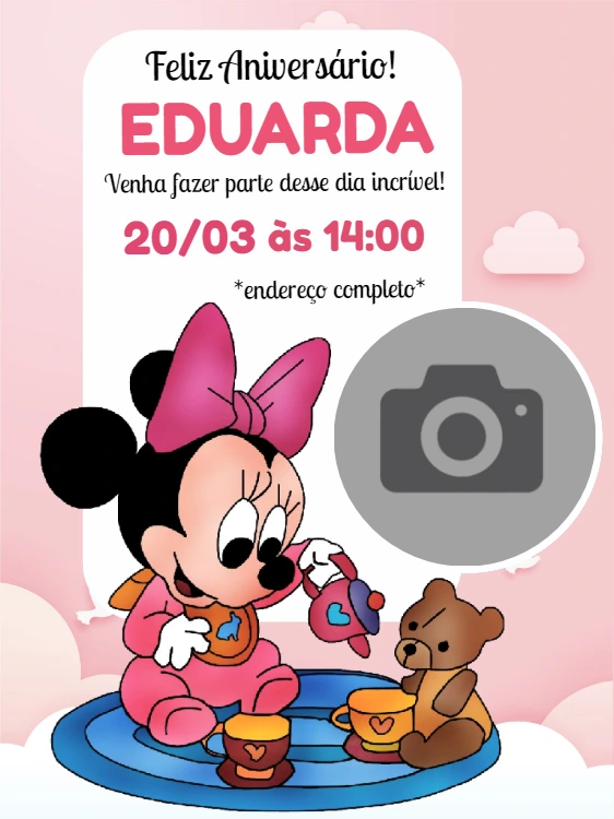 Convite Aniversário Minnie Baby com Foto para Editar Online