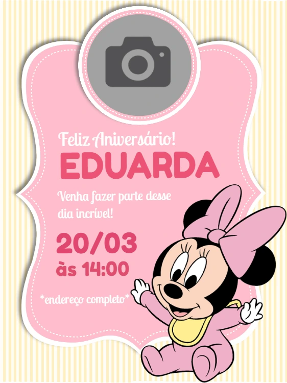 Convite Aniversário Minnie Baby com Foto para Editar Online