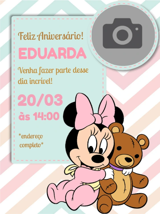 Convite Aniversário Minnie Baby com Foto para Editar Online