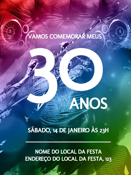 Convite de Aniversário Adulto Rock Colorido para Editar