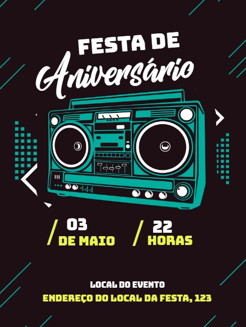 Convite de Aniversário Retrô com Boombox para Editar Online
