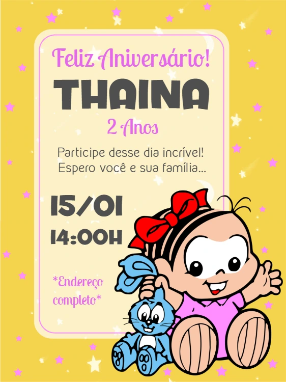 Convite de Aniversário Turma da Mônica Bebê para Editar Online
