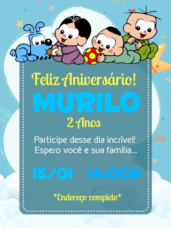 Convite de Aniversário Turma da Mônica Bebê para Editar Online